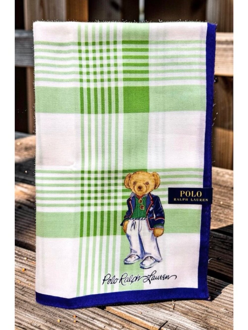 Polo Ralph Lauren  Mini Scarf Handkerchief 19: white green check with Bear (93)